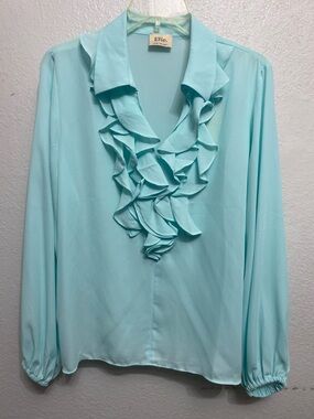 NWT Elie Tahari Light Aqua Ruffle Neck  Women's Long Sleeve Blouse L